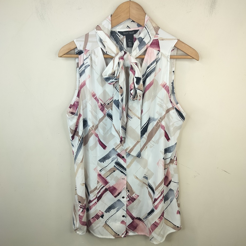White House Black Market Sleeveless Blouse 12 Tie Neck Abstract Pink White